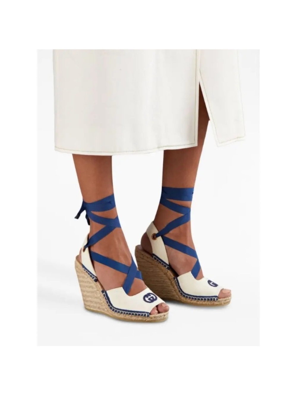 Gucci Cream Espadrille Wedge Sandals with Blue Wrap Straps